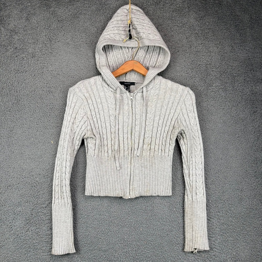 Forever 21 Kids Gray Cable Knit Zip Up Cropped Hoodie Sweater Size Small